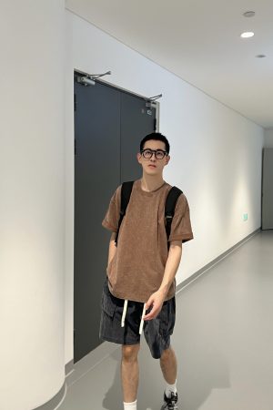 Men's Loose-Fit Washed Coffee Color T-Shirt - Casual Short Sleeve Top for Youth, Perfect for Summer 90s Style Fashion