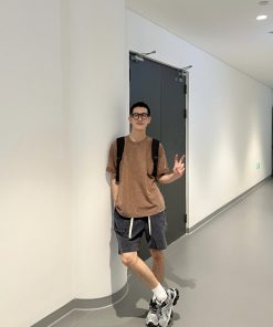 Men's Loose-Fit Washed Coffee Color T-Shirt - Casual Short Sleeve Top for Youth, Perfect for Summer 90s Style Fashion