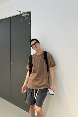 Men's Loose-Fit Washed Coffee Color T-Shirt - Casual Short Sleeve Top for Youth, Perfect for Summer 90s Style Fashion