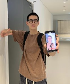 Men's Loose-Fit Washed Coffee Color T-Shirt - Casual Short Sleeve Top for Youth, Perfect for Summer 90s Style Fashion