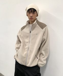 Men's Loose Spliced Fleece Sweatshirt Jacket with Stand Collar â€“ Autumn Winter Roaring Beast Design, Casual Streetwear