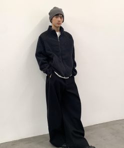 Men's Loose Spliced Fleece Sweatshirt Jacket with Stand Collar – Autumn Winter Roaring Beast Design, Casual Streetwear