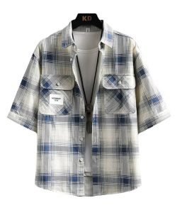 Men's Luxury Checkered Short-Sleeve Shirt - Summer Pure Cotton Casual Breathable Half-Sleeve Top for Effortless Style