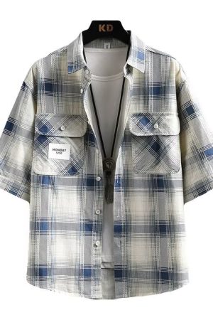 Men's Luxury Checkered Short-Sleeve Shirt - Summer Pure Cotton Casual Breathable Half-Sleeve Top for Effortless Style
