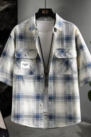 Men's Luxury Checkered Short-Sleeve Shirt - Summer Pure Cotton Casual Breathable Half-Sleeve Top for Effortless Style