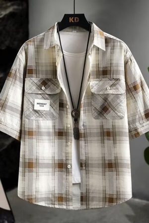 Men's Luxury Checkered Short-Sleeve Shirt - Summer Pure Cotton Casual Breathable Half-Sleeve Top for Effortless Style