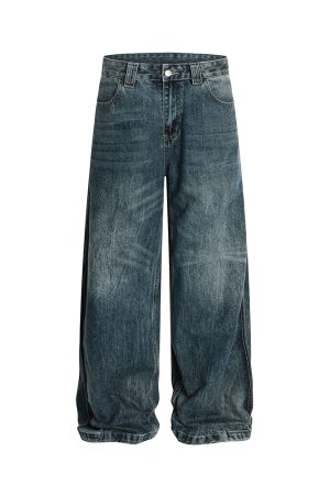 Men's Messy Water Wave Pattern Straight Leg Jeans - Natural Whisker Design, Summer 2025 Style, Trendy Casual Fashion