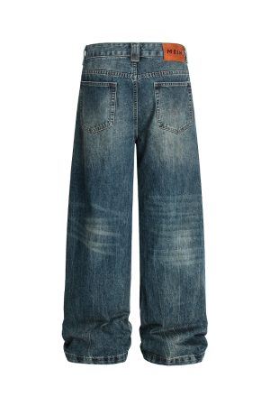 Men's Messy Water Wave Pattern Straight Leg Jeans - Natural Whisker Design, Summer 2025 Style, Trendy Casual Fashion