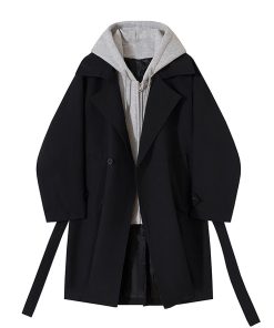Men's Mid-Length Hooded Windbreaker Coat - Trendy Korean Style Faux Two-Piece Over-Knee Jacket for Autumn & Winter Fashion