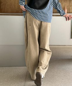 Men's Minimalist High-Waisted Khaki Wide-Leg Pants, Youthful Straight-Leg Casual Trousers, 90s Inspired Fashion Style