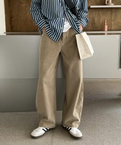 Men's Minimalist High-Waisted Khaki Wide-Leg Pants, Youthful Straight-Leg Casual Trousers, 90s Inspired Fashion Style