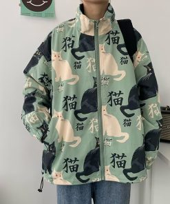 Men's Oversized Cat Print Stand Collar Jacket - Youthful Korean Style Punk Coat for Spring and Autumn Fashion