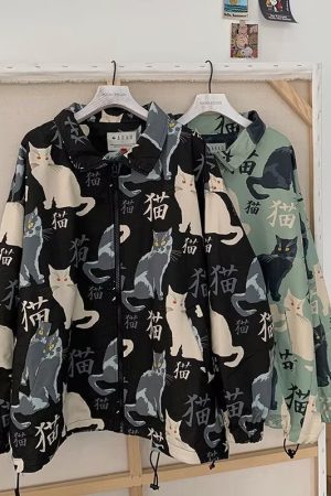 Men's Oversized Cat Print Stand Collar Jacket - Youthful Korean Style Punk Coat for Spring and Autumn Fashion