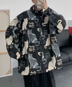 Men's Oversized Cat Print Stand Collar Jacket - Youthful Korean Style Punk Coat for Spring and Autumn Fashion