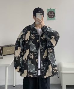 Men's Oversized Cat Print Stand Collar Jacket - Youthful Korean Style Punk Coat for Spring and Autumn Fashion