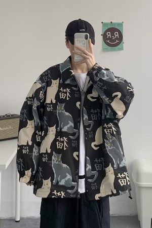 Men's Oversized Cat Print Stand Collar Jacket - Youthful Korean Style Punk Coat for Spring and Autumn Fashion