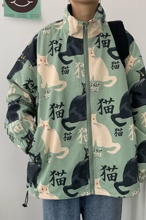 Men's Oversized Cat Print Stand Collar Jacket - Youthful Korean Style Punk Coat for Spring and Autumn Fashion