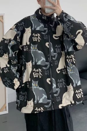 Men's Oversized Cat Print Stand Collar Jacket - Youthful Korean Style Punk Coat for Spring and Autumn Fashion