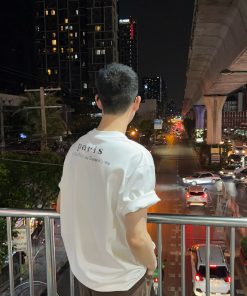 Men's Paris Back Letter Print Short Sleeve T-Shirt - Minimalist Casual Top, 90s Inspired Fashion