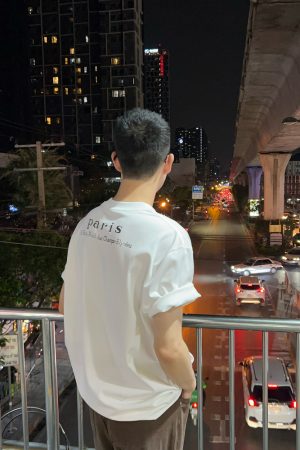 Men's Paris Back Letter Print Short Sleeve T-Shirt - Minimalist Casual Top, 90s Inspired Fashion