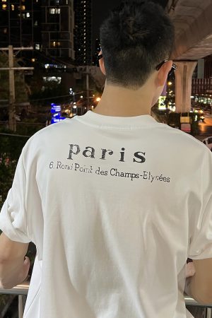 Men's Paris Back Letter Print Short Sleeve T-Shirt - Minimalist Casual Top, 90s Inspired Fashion