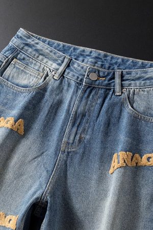 Men's Plus Size Vintage Letter Embroidered Summer Denim Shorts - Trendy High-End Straight Leg Mid-Length Trousers for Casual Style