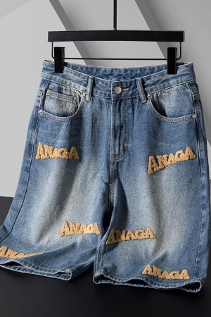 Men's Plus Size Vintage Letter Embroidered Summer Denim Shorts - Trendy High-End Straight Leg Mid-Length Trousers for Casual Style