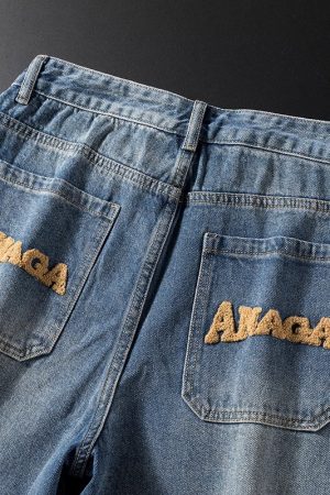 Men's Plus Size Vintage Letter Embroidered Summer Denim Shorts - Trendy High-End Straight Leg Mid-Length Trousers for Casual Style