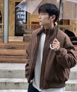Men's Retro Japanese Style Loose Fit Coffee Color Padded Jacket Coat - Autumn Winter Casual Fashion