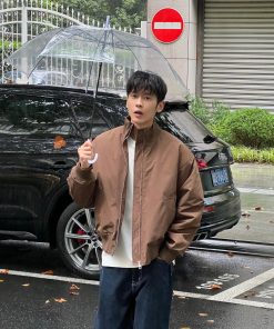 Men's Retro Japanese Style Loose Fit Coffee Color Padded Jacket Coat - Autumn Winter Casual Fashion