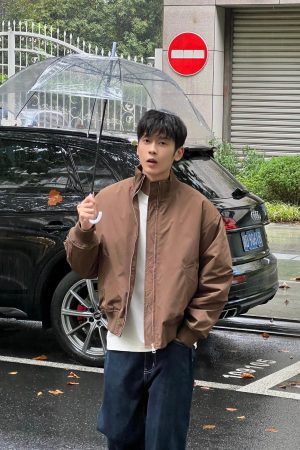 Men's Retro Japanese Style Loose Fit Coffee Color Padded Jacket Coat - Autumn Winter Casual Fashion
