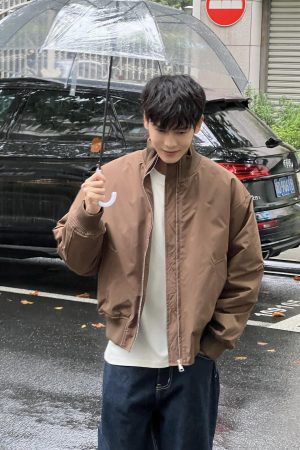 Men's Retro Japanese Style Loose Fit Coffee Color Padded Jacket Coat - Autumn Winter Casual Fashion