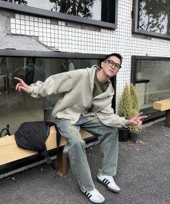 Men's Retro Loose Zip-Up Hoodie - American Style Basic Solid Color Jacket for Casual Wear, Y2K Fashion Essential