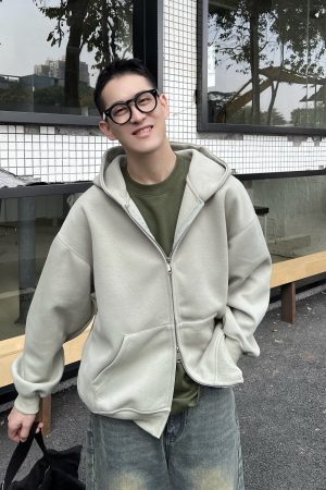 Men's Retro Loose Zip-Up Hoodie - American Style Basic Solid Color Jacket for Casual Wear, Y2K Fashion Essential