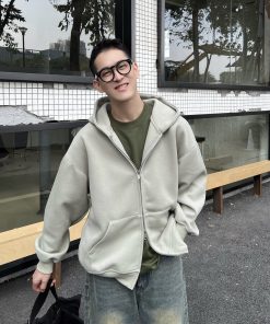 Men's Retro Loose Zip-Up Hoodie - American Style Basic Solid Color Jacket for Casual Wear, Y2K Fashion Essential