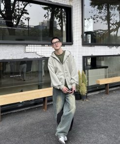 Men's Retro Loose Zip-Up Hoodie - American Style Basic Solid Color Jacket for Casual Wear, Y2K Fashion Essential