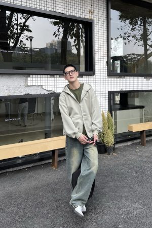 Men's Retro Loose Zip-Up Hoodie - American Style Basic Solid Color Jacket for Casual Wear, Y2K Fashion Essential