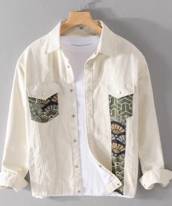 Men's Spliced Japanese-Style Jacket, Trendy Hipster Workwear for Spring & Autumn, Lapel Design, Youthful Fashion Top