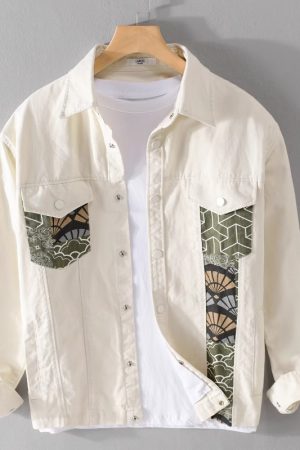 Men's Spliced Japanese-Style Jacket, Trendy Hipster Workwear for Spring & Autumn, Lapel Design, Youthful Fashion Top