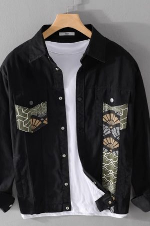 Men's Spliced Japanese-Style Jacket, Trendy Hipster Workwear for Spring & Autumn, Lapel Design, Youthful Fashion Top