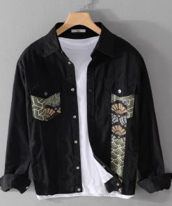 Men's Spliced Japanese-Style Jacket, Trendy Hipster Workwear for Spring & Autumn, Lapel Design, Youthful Fashion Top