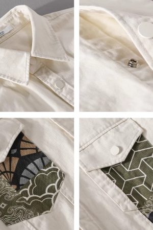 Men's Spliced Japanese-Style Jacket, Trendy Hipster Workwear for Spring & Autumn, Lapel Design, Youthful Fashion Top