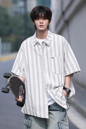 Men's Striped Short Sleeve Shirt - Summer Casual Loose Fit, Wrinkle-Free, Easy-Care American Style with Sun Protection and Trendy Fashion Appeal