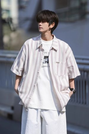 Men's Striped Short Sleeve Shirt - Summer Casual Loose Fit, Wrinkle-Free, Easy-Care American Style with Sun Protection and Trendy Fashion Appeal