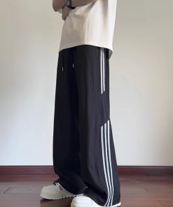 Men's Striped Work Pants - High Street Casual Wide-Leg Sports Trousers for Spring/Summer - Trendy American Style Street Dance Fashion