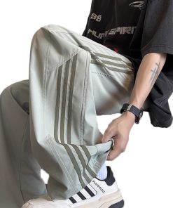 Men's Striped Work Pants - High Street Casual Wide-Leg Sports Trousers for Spring/Summer - Trendy American Style Street Dance Fashion