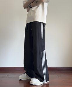 Men's Striped Work Pants - High Street Casual Wide-Leg Sports Trousers for Spring/Summer - Trendy American Style Street Dance Fashion