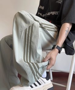 Men's Striped Work Pants - High Street Casual Wide-Leg Sports Trousers for Spring/Summer - Trendy American Style Street Dance Fashion