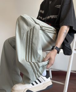 Men's Striped Work Pants - High Street Casual Wide-Leg Sports Trousers for Spring/Summer - Trendy American Style Street Dance Fashion