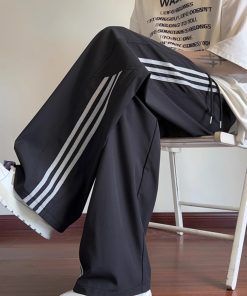 Men's Striped Work Pants - High Street Casual Wide-Leg Sports Trousers for Spring/Summer - Trendy American Style Street Dance Fashion